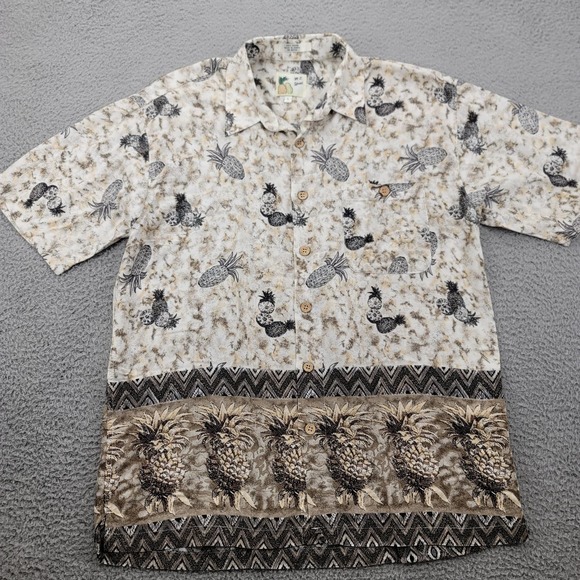 M.E. Sport‎ Shirt Mens Large Tan Pineapples Hawaiian All Over Print Casual Aloha - Picture 1 of 14
